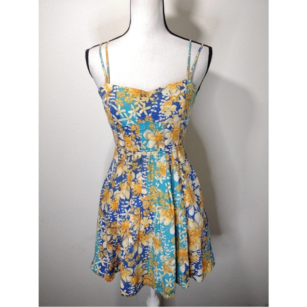 Free People Blue Orange White Floral Smocked Tank Strappy Sun Beach Dress Size 0
